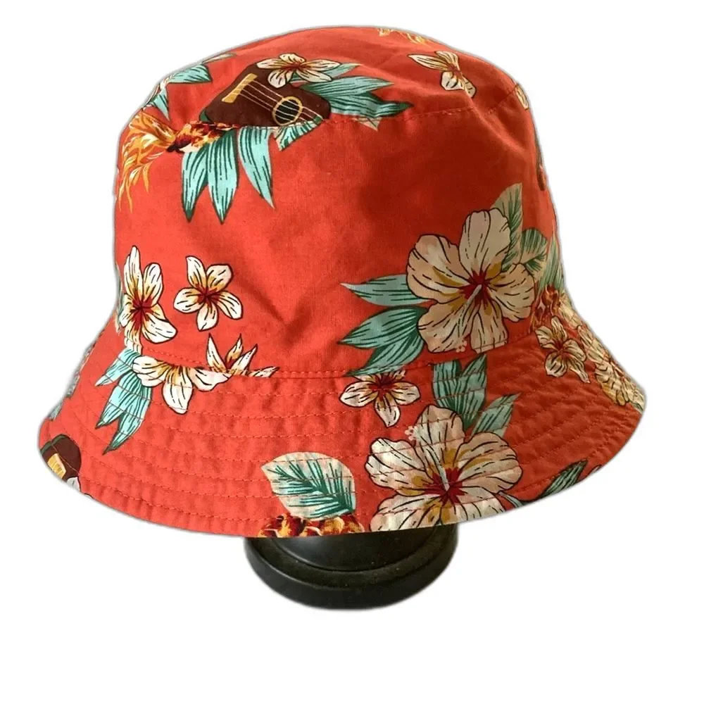 Floral HAWAIIAN Bucket Hat Ukulele Guitar Print Reversible UNISEX Medium Large